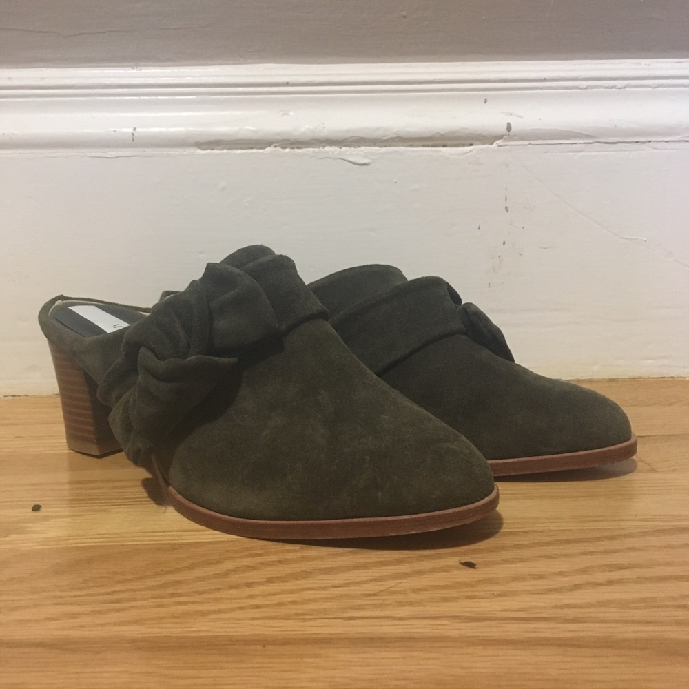 Matt Bernson green suede mules 7.5